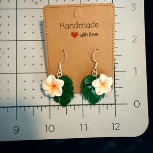 Sterling Silver Tropical Monstera Leaf Epoxy Earrings with White Plumeria